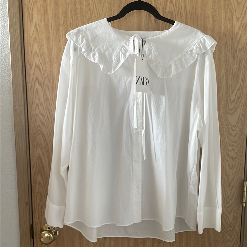 Zara White Ruffled Long Sleeve Blouse Sz XL